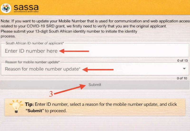 Applicant ID number and reason selection required to request a change for phone number