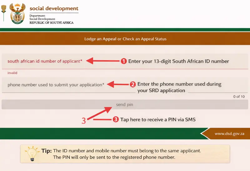 South African ID number and mobile phone details required to submit a SASSA SRD appeal