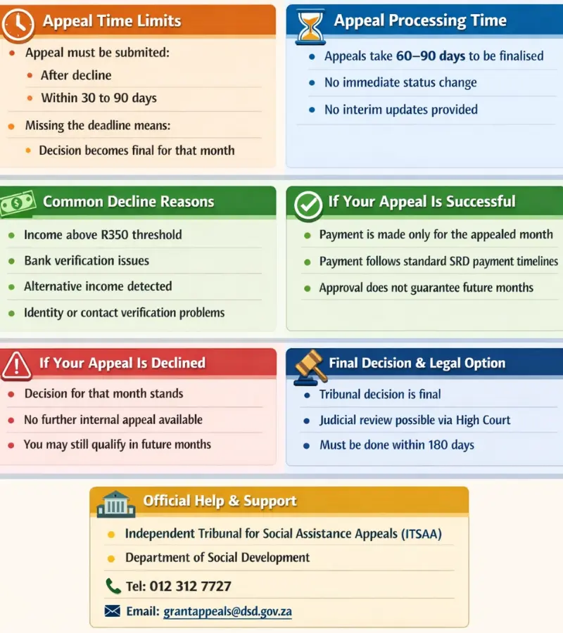 Infographic explaining SASSA SRD appeal timeframes and possible appeal results
