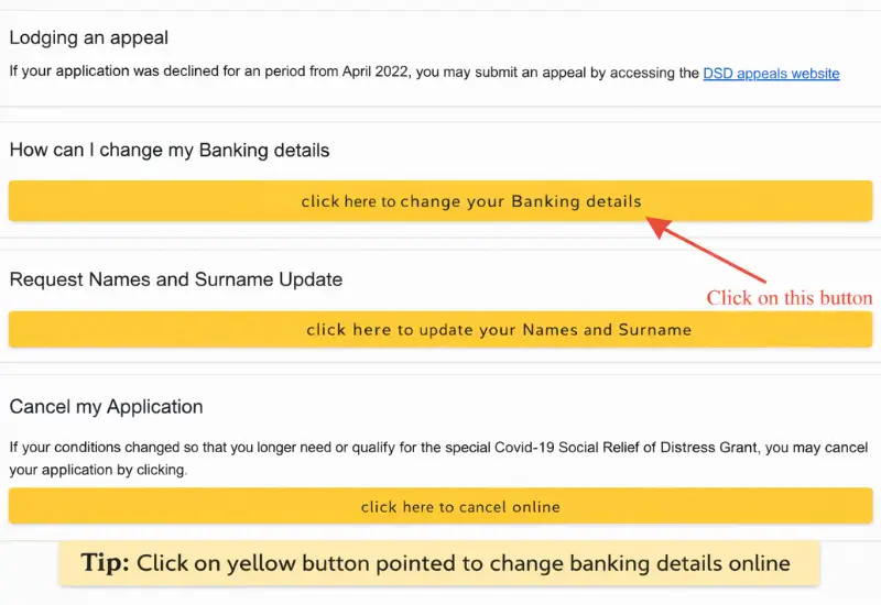 SASSA online page where beneficiaries can change or update SRD banking details