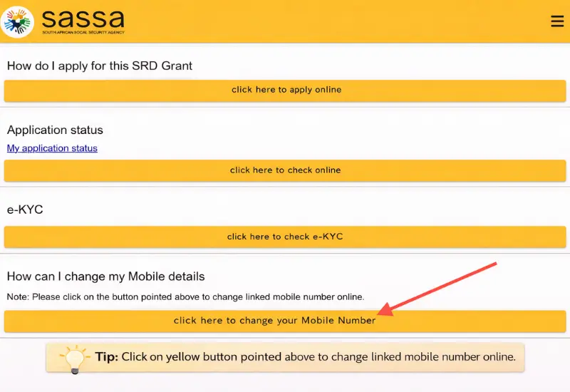 Webpage where beneficiaries can change or update their mobile number for the SASSA SRD grant