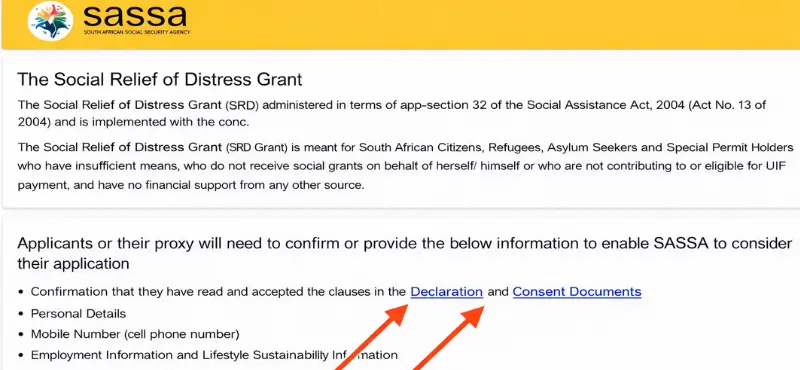 Links provided on the page to access the full SASSA declaration and consent documents