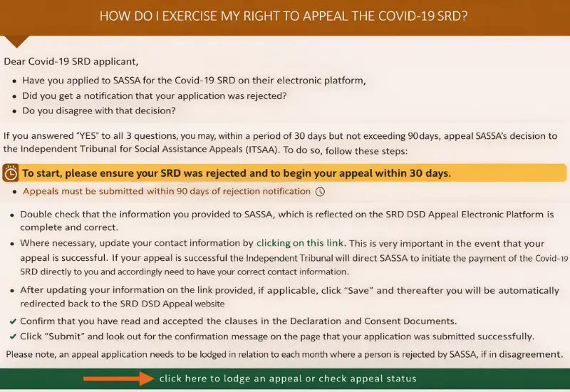 Official SASSA SRD appeal submission page used to lodge an appeal online