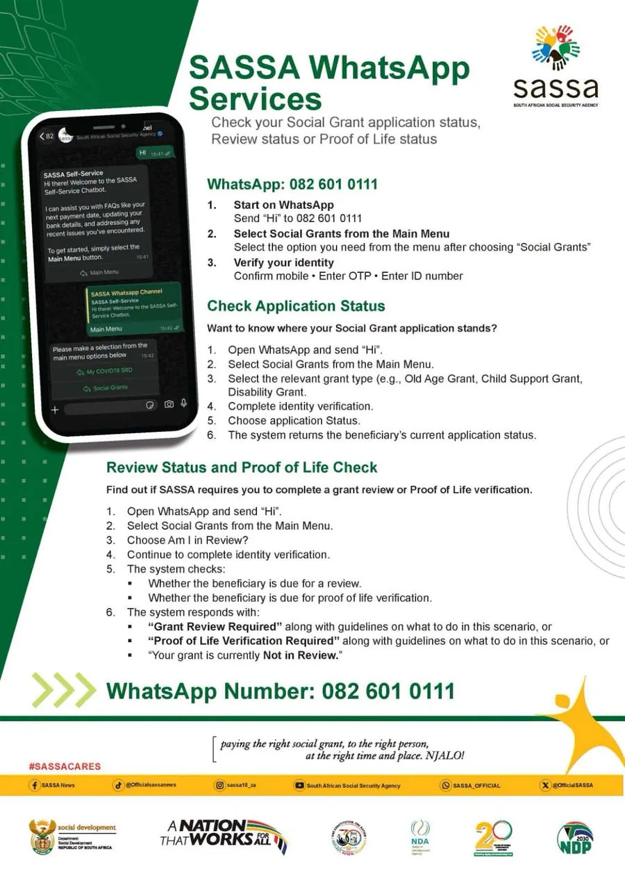 Official SASSA WhatsApp Services flyer showing number 082 601 0111 and the chatbot main menu with My COVID19 SRD and Social Grants options